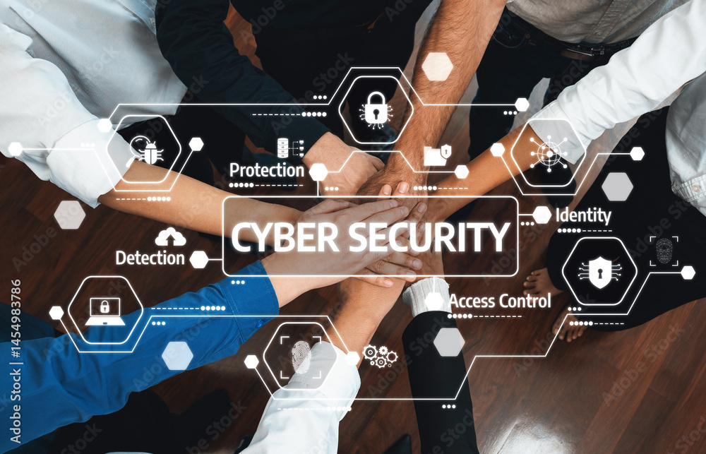 Fototapete a diverse group of individuals places their hands together, symbolizing unity in cyber security effo