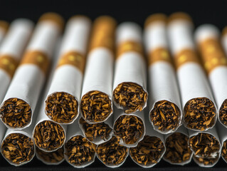 Many filter cigarettes are stacked together on black background