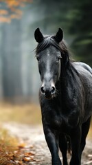 Obraz premium Majestic black horse walking along a forest path during autumn in soft natural light