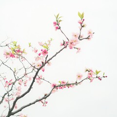 Delicate pink blossoms on bare branches against a soft, hazy white background.  Close-up view of blossoming flowers, displaying delicate petals and new leaves.  Springtime beauty