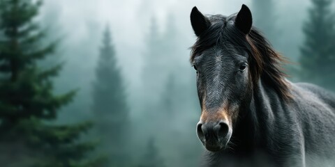 Majestic black horse standing in a foggy forest at dawn with tall dark trees surrounding
