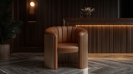 Modern, elegant armchair in a dark, sophisticated interior design.  Leather upholstery, brass accents, and marble countertop