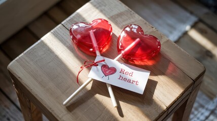 Glossy red heart lollipops on wooden box with handwritten red tag