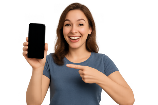 Happy Young Woman Holding Smartphone and Pointing at Screen