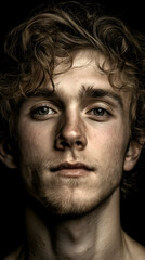 Fototapeta premium Emotive Young Man Portrait with Intense Gaze: Fashion Photography with Dramatic Lighting and Monochrome Aesthetic