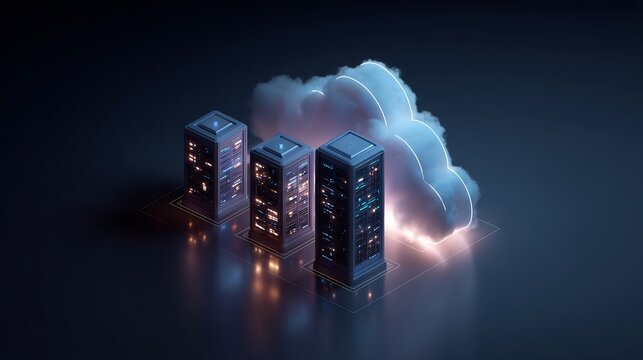 Isometric rendering showcasing cloud computing and data servers interconnected globally