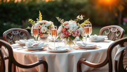 Elegant outdoor dinner setting showcasing floral arrangements and champagne glasses on a white tablecloth-covered round table