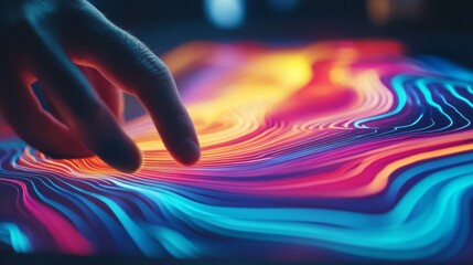 Futuristic hand touching colorful swirling liquid interface in tech style