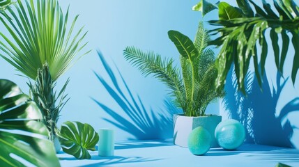 Obraz premium Tropical style product background with plants and cosmetic bottles in blue tones