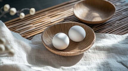 Two white eggs in wooden bowls on natural linen fabric surface