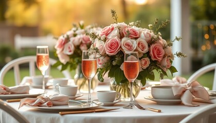 Elegant table setting with rose champagne and floral arrangements for celebratory occasions