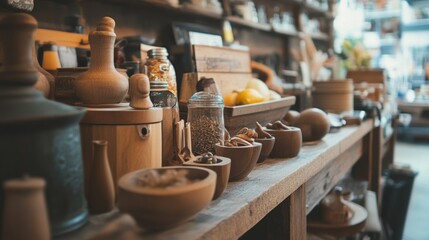 Naklejka premium Wooden kitchen utensils on rustic store shelf with warm ambient lighting