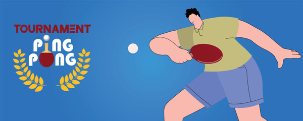 Ping pong championship poster, professional competition. Vector illustration man playing table tennis, racket icon, ball, laurel wreath