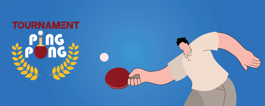 Table tennis tournament banner, woman playing ping pong. Vector icon racket, ball, winner wreath, champion game, hobby, active recreation