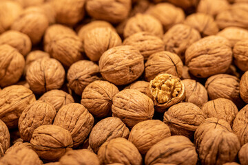 Close-up image of whole walnuts in their shells, with one walnut cracked open to reveal the edible kernel inside. The composition highlights the texture and natural pattern of the walnut shells