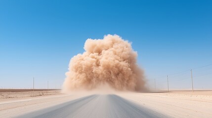 Desert Road Dust Storm: Tan Sand Cloud Blowing Across Arid Landscape Under Blue Sky