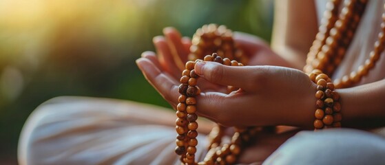 Yoga practitioner sits meditatively while holding chanting mala prayer beads, displaying serene concentration.