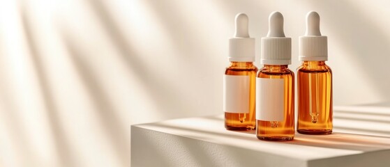 Three amber glass dropper bottles with blank white labels are presented in soft sunlight against a beige backdrop, suggesting natural beauty product promotions.