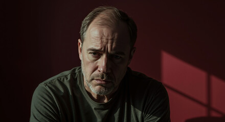 Obraz premium Middle-aged man with intense gaze against dark red background. Mature male with stubble and window shadow on face. Depression and anxiety concept. Mental health awareness and psychological support.