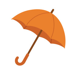Cartoon flat umbrella tilted to the side. Bright orange accessory for rainy autumn and windy weather.
