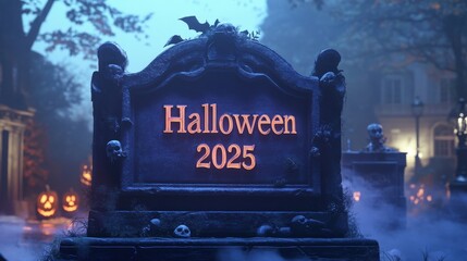 Halloween 2025 is marked on a spooky tombstone.