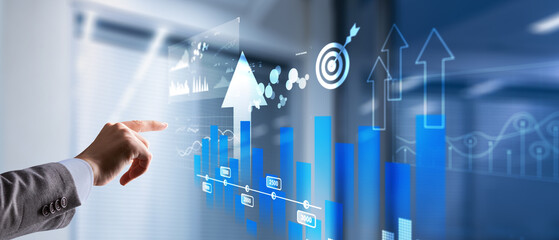 Business intelligence. Diagram, Graph, Stock Trading, Investment dashboard. Arrows up