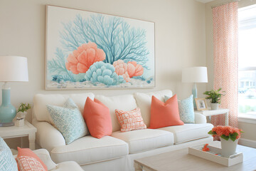 Serene Living Room: A tastefully decorated living room with a coastal theme, featuring a bright, airy ambiance, complete with a plush sofa, artful decorations, and inviting atmosphere.
