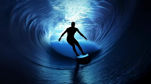 Surfer riding a massive blue wave in dramatic ocean scene