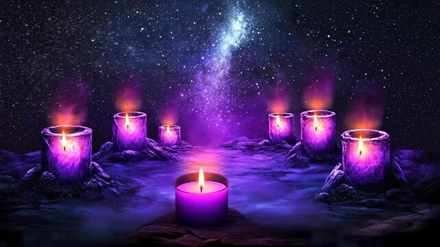 mystical scene with glowing cauldrons under a cosmic sky
