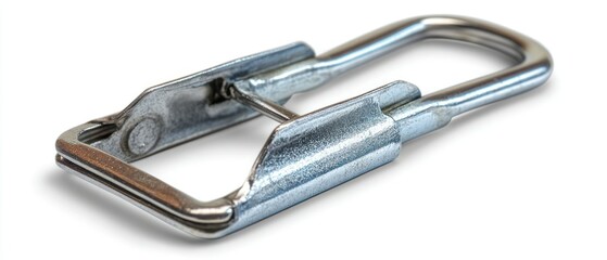 Metal clip sits against white background, showing mechanism used for fastening.