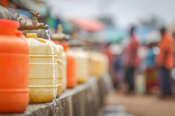 Water Collection and Community: A close-up of colorful water storage containers filling up from a faucet in a bustling community setting, symbolizing essential resources.