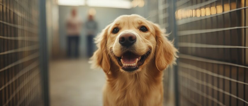 Golden Retriever stares directly into the camera, smiling with open mouth behind metal cage.