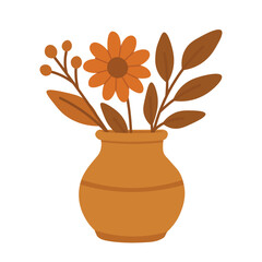 Cartoon flat vase with autumn flower, leaves and berries. Cozy seasonal home decoration in warm tones.