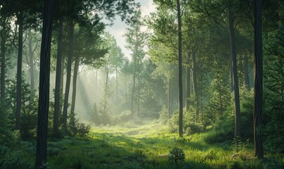 Obraz premium Lush green forest shrouded in morning mist, tall pine trees creating a serene tranquil atmosphere, vibrant natural tones with soft light, clean sharp details,