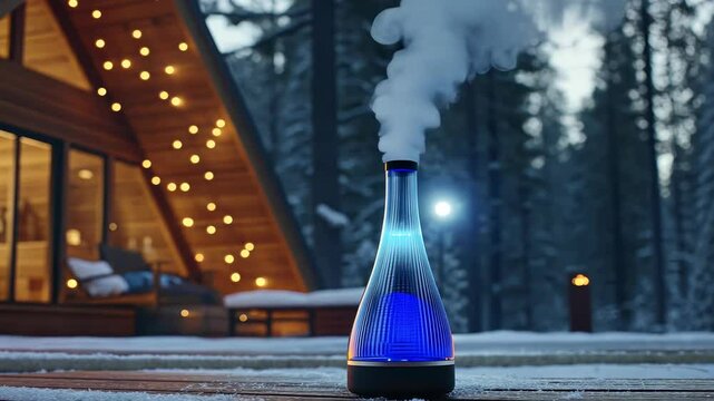 Modern aroma diffuser with blue light at cozy cabin in winter