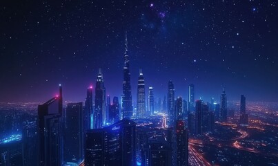 Scenic aerial view of a glowing modern city skyline surrounded by vibrant blue and purple lights against a starry sky