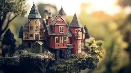 Obraz premium Fairytale miniature house on a grassy tree landscape