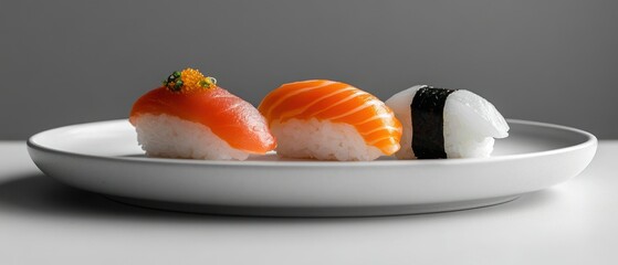 Three pieces sushi, salmon, tuna, squid are presented elegantly on white plate, creating refined culinary presentation.