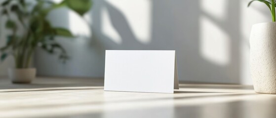 Blank card rests on a table, showcasing minimalist home decor with plant pots, shadows, and natural light, creating calm environment.