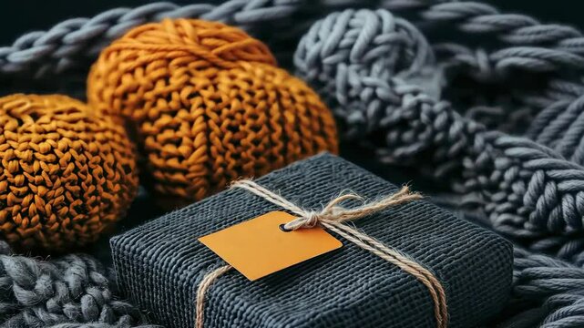 cozy gift wrapped in rustic style with knitted decor