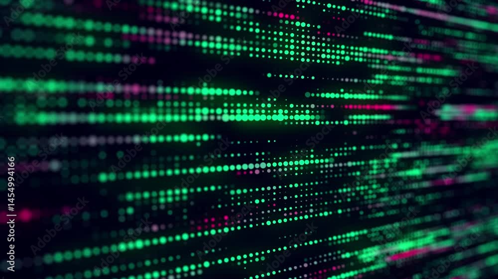 Poster Abstract structure of green dots with light on a black background. Science backdrop with moving particles. Digital transfer of big data. 3d rendering.