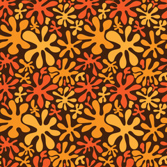 Fototapeta premium A groovy floral pattern with abstract yellow daisy flowers in hand drawn doodle style. Vector twisty summer floral decoration. Organic collage of simple nature flower shapes in retro tones.