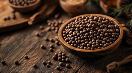 Black peppercorns and ground spices on rustic wooden board