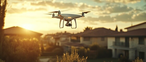 Drone hovers in air near houses during sunset, capturing aerial view of neighborhood.