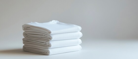Folded white t-shirts form simple stack representing tidiness, cleanliness.