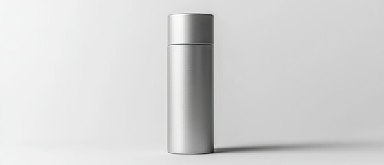 Silver container stands upright against plain background casting shadow, emphasizing sleek design, suggesting product awaiting action.