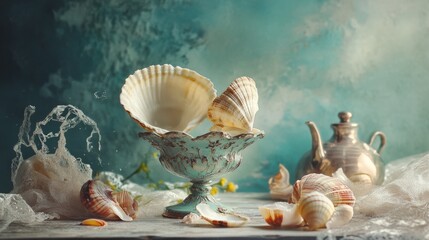 Obraz premium Seashell arrangement with vintage bottles and pearls on table