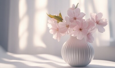 Pink flowers in vase with soft sunlight through window.