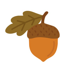 Cute cartoon acorn with oak leaf. Autumn nature doodle in flat style for seasonal design.