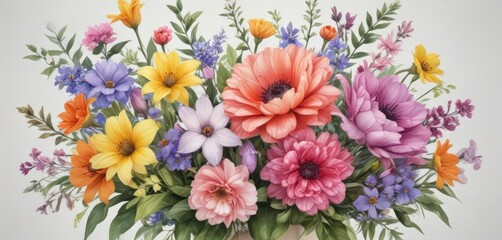 Vibrant spring bouquet, watercolor painted flowers ,  garden,  design,  white background
